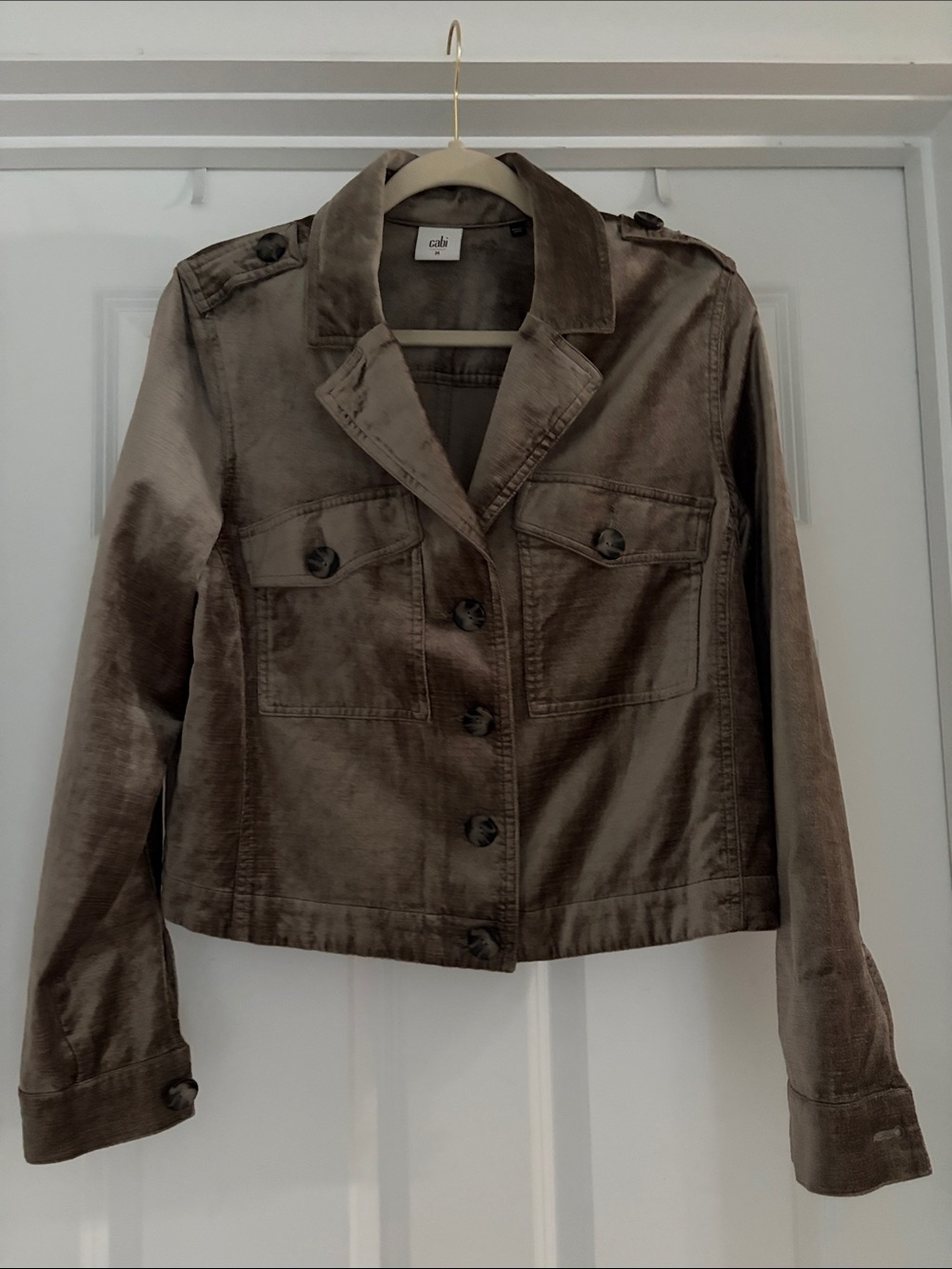 CAbi Sunday Topper in taupe with beautiful sheen.